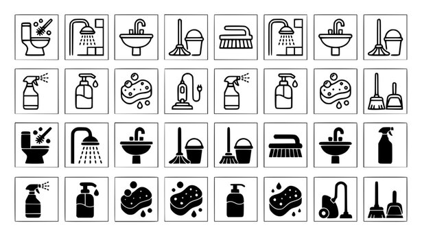 Bathroom cleaning sanitation icons vector set linear silhouette