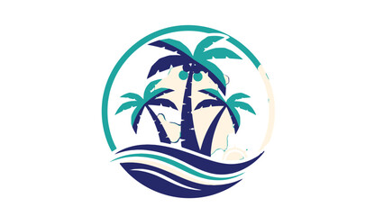 Obraz premium Vibrant tropical logo design with blue and green palm trees on an island with waves in a circle, isolated white background.