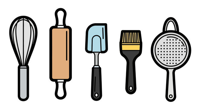 Bakery tools whisk rolling pin spatula brush strainer vector illustration
