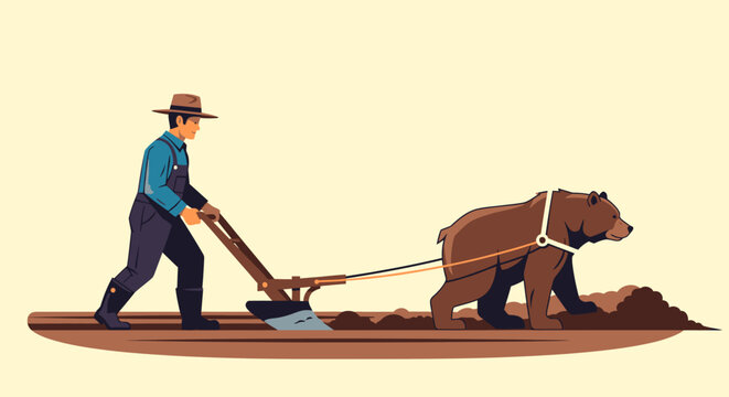 Farmer plowing field with bear conceptual illustration of work and nature