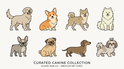 Fototapeta premium Illustration of nine different dog breeds in a curated collection on a white background with a flat design style and a clean, organized composition.