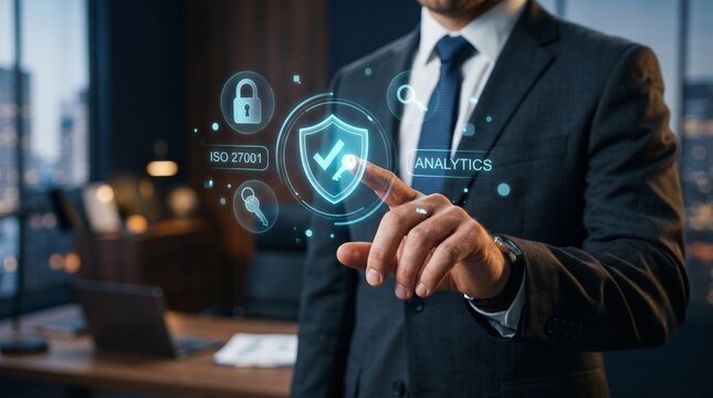 Businessman touching glowing security shield with ISO 27001 certification icons. Cybersecurity, data protection, and information security compliance concept.