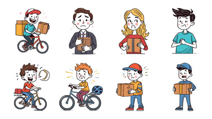 Fototapeta premium Express Delivery: A series of illustrations of delivery people, each embodying different emotional state related to delivery parcels. Capturing a range of delivery experiences. 