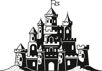 Castle silhouette features sharp turrets and a pointed flag standing against a plain white background. © amirhamzaaa