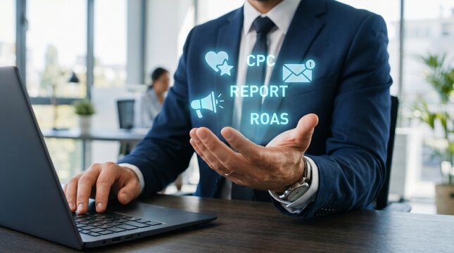 Businessman holding digital marketing icons with CPC, ROAS, and report symbols. Digital advertising strategy and ROI analytics concept.