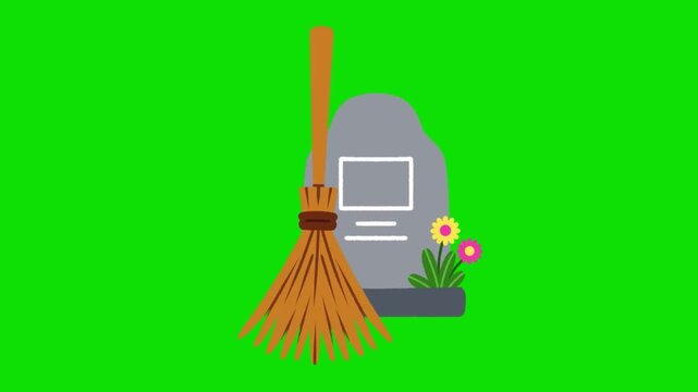 Video of a gravestone with a broom and flowers representing tomb sweeping ritual. Ancestor worship. Hand drawn.