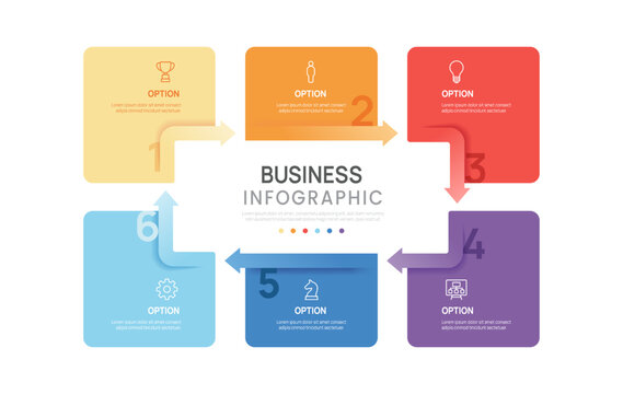 Infographic Venn diagram chart template for business 6 circle arrow label options, presentation with venn diagram elements vector illustration.