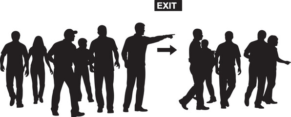 Group of people following an exit sign and arrow during an evacuation © SUMA