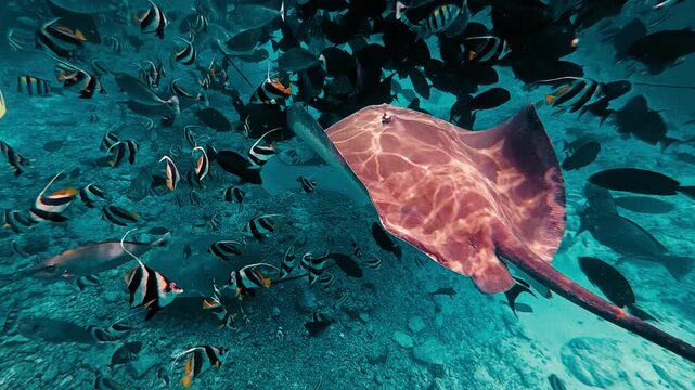Stunning underwater footage of stingrays and fish.