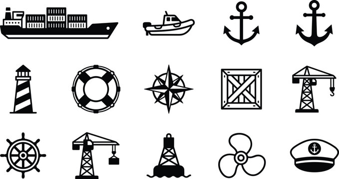 Maritime Shipping and Nautical Icon Set with Cargo Vessel, Anchor, Lighthouse, Compass, Crane, and Marine Navigation Symbols
