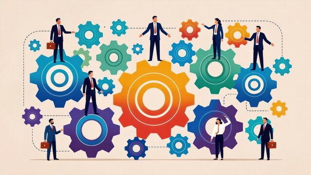 Diverse Business Team Working Together with Gears and Cogs in Colorful Illustration for Teamwork and Collaboration Concepts