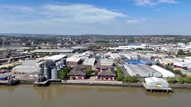 Industrial site on River Medway Rochester Kent drone aerial view