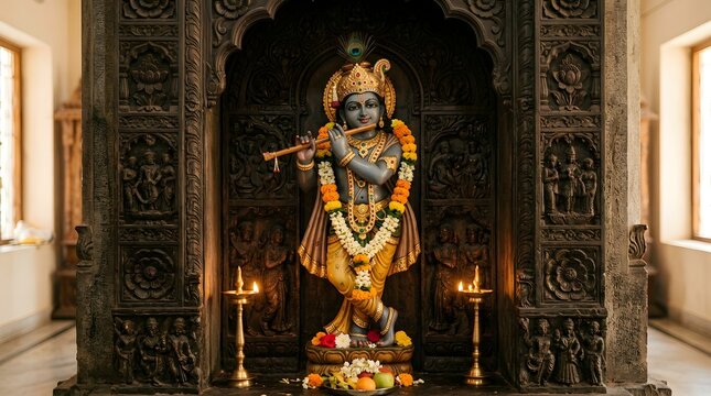Lord krishna illustration intricate indian mythology artwork of a blue skinned deity playing flute in temple niche