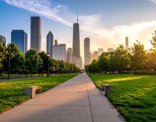Fototapeta premium A serene city park pathway leading to a vibrant metropolis skyline