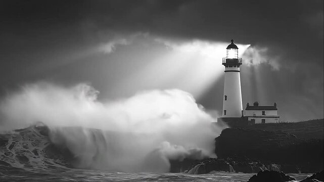 Dramatic lighthouse standing against massive crashing waves with sunbeams breaking through dark storm clouds in black and white