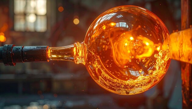 Glassblowing artisan shaping molten glass bubble on blowpipe in studio