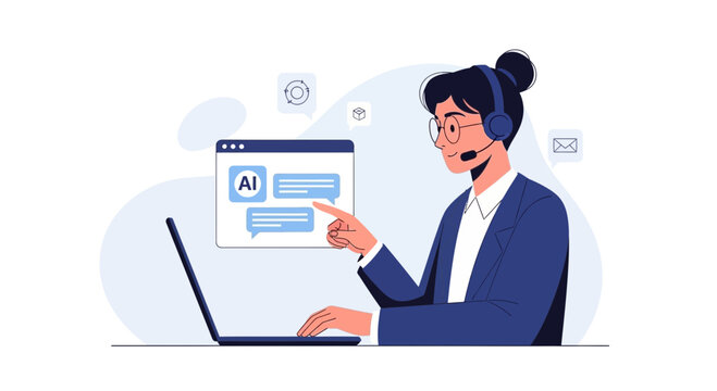 AI chatbot interface on laptop screen, business support concept
