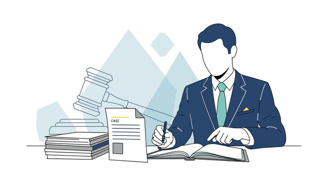 Lawyer working at desk with legal documents, gavel, and books