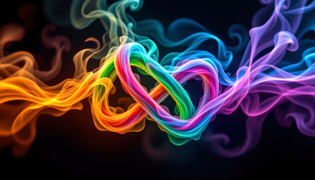 A vibrant, multicolored smoke pattern twists and intertwines against a dark background, creating a dynamic and eye catching visual