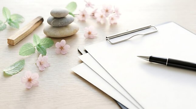 Elegant wellness workspace mockup for natural brand, minimalist wellness workspace mockup with clipboard and flowers, professional wellness workspace mockup on wood