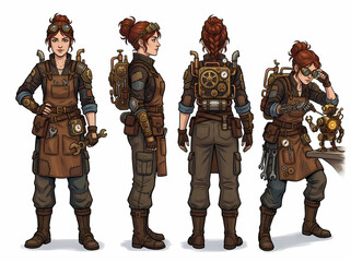 Fototapeta premium Steampunk female mechanic character sheet with robot companion.