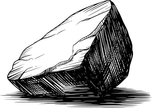 Hand-drawn of a rough, angular rock with hatching detail white background, stone natural