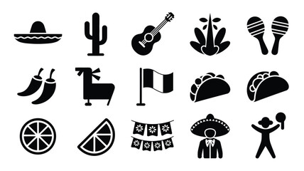 Vibrant mexican culture icons collection sombrero cactus guitar maracas peppers llama flag taco lime papel picado mariachi dancer representing fiesta celebration tradition cuisine © Somiran