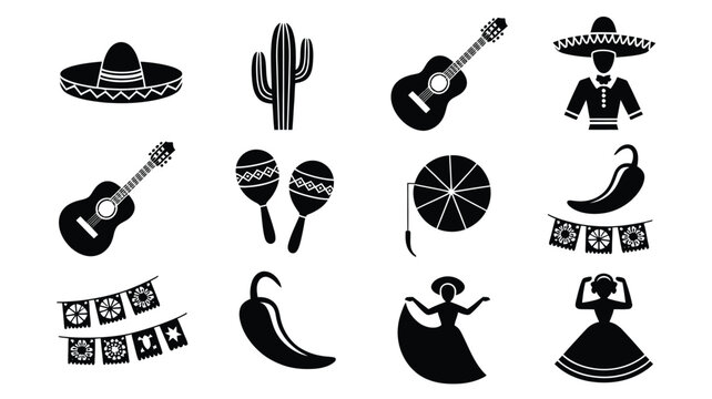 Vibrant mexican fiesta icons collection sombrero guitar cactus maracas chili pepper dancer and papel picado banner celebrate authentic culture and festive tradition
