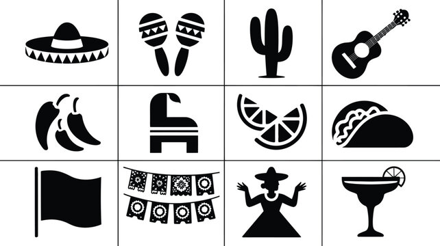 Vibrant mexican fiesta icons collection sombrero maracas cactus guitar chili peppers pinata lime slices taco flag bunting dancer margarita glass perfect for festive celebrations