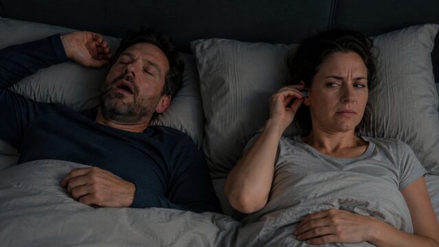 Realistic bedroom scene with tired partner coping with snoring beside sleeping companion, illustrating restless night and practical sleep solution.