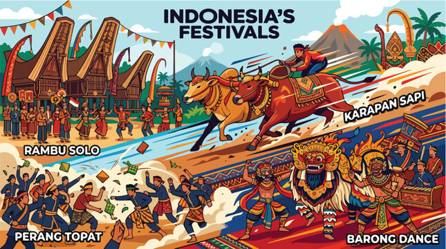 Vibrant illustration of Indonesian festivals featuring traditional dances and performances against a colorful background with palm trees and a mountain range.