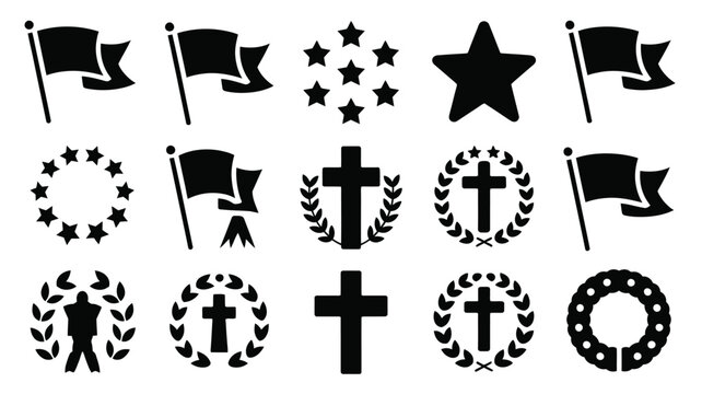 Silhouette icons of flags stars crosses and wreaths in minimalist black and white design for memorial themes