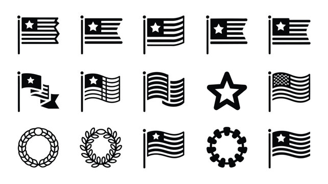 Black and white vector icons of american flags stars and wreaths for memorial day symbols in minimalist style