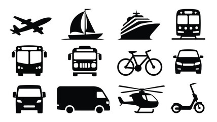 Collection of black and white silhouette icons for transportation and vehicles including airplane ship train bus car truck bicycle scooter van and helicopter © Somiran