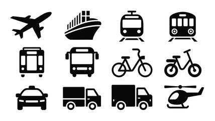 Clean vector icons of transportation modes including airplane ship train bus car van truck helicopter and bicycles in minimalist black and white design isolated on a plain © Somiran