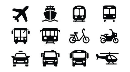 Black and white vector icons of transportation modes including airplane ship train bus car bicycle scooter taxi truck and helicopter © Somiran