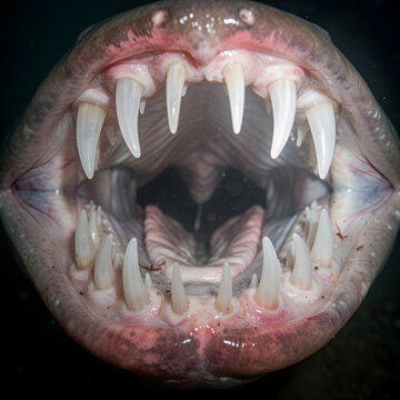 Moray eel displays sharp pointed teeth inside a dark and cavernous open mouth found deep within the ocean.