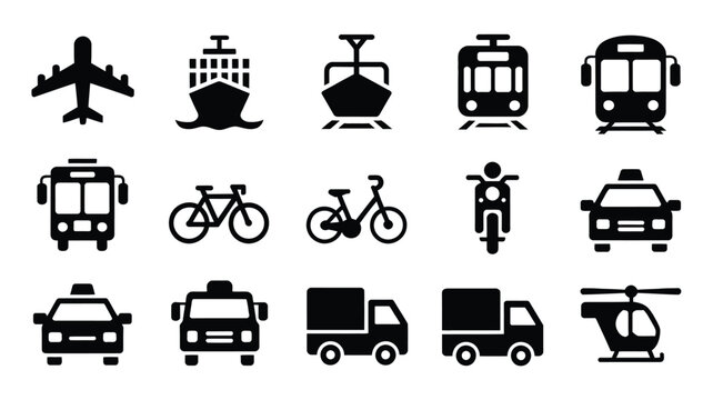 Black and white vector icons of airplanes ships trains bicycles cars and helicopters for transportation and travel graphics