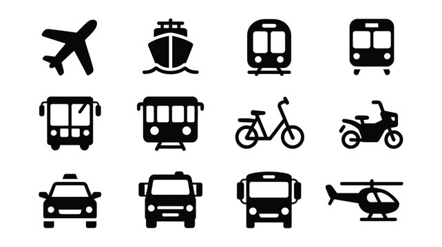 Black and white vector icons of transportation modes including airplane ship train bus car bicycle scooter taxi truck and helicopter