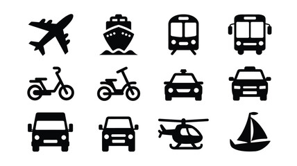 Black and white vector icons of transportation modes including airplane boat train bus bicycle car helicopter and sailboat © Somiran