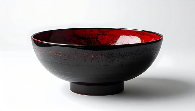 Japanese lacquerware bowl with glossy red and black finish on white background