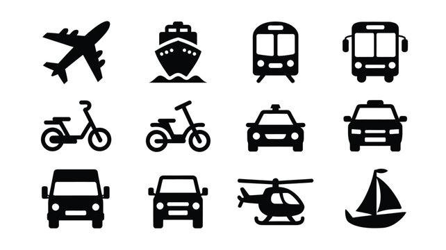 Black and white vector icons of transportation modes including airplane boat train bus bicycle car helicopter and sailboat