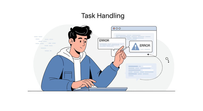Man dealing with computer error message, task handling concept