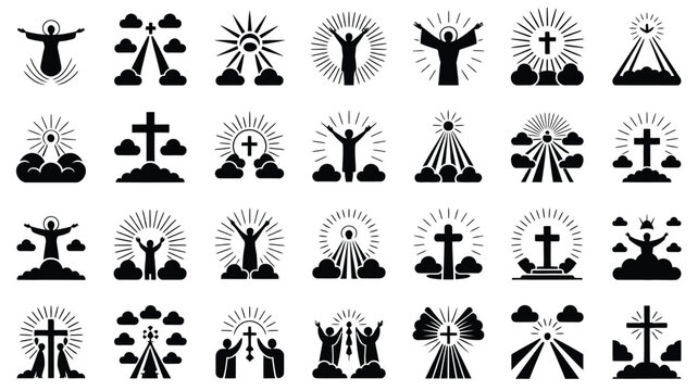 Monochromatic vector icon sheet featuring 30 spiritual and religious symbols with crosses rays and figures