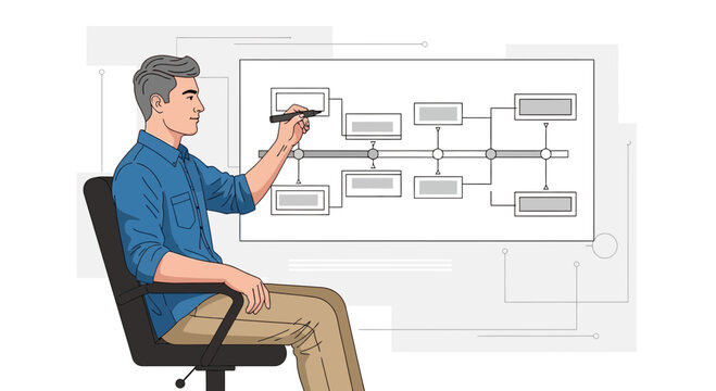 Man drawing flowchart on digital board, business process planning, strategy development