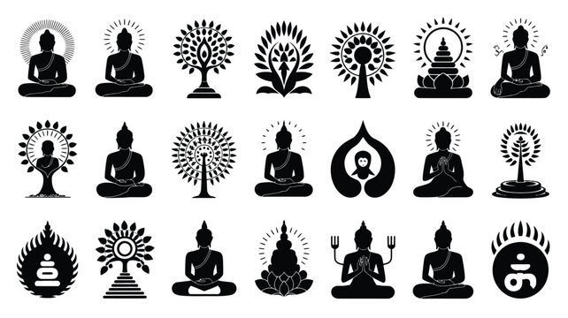 Black silhouette icons of buddha statues bodhi trees and spiritual symbols for buddha purnima celebrations