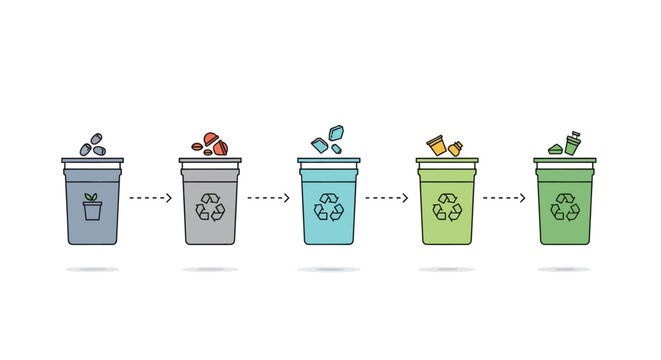 Recycling process illustration showing different waste types in bins with arrows.
