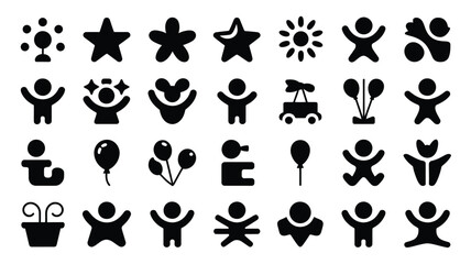 Obraz premium Black silhouette icons of children celebrating with balloons stars hearts and festive symbols in a playful style