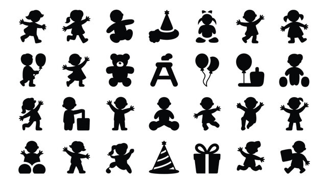 Vector icon sheet featuring 30 black silhouettes of children playing celebrating and relaxing with toys balloons and gifts