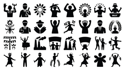 Obraz premium Black silhouettes of 30 diverse figures in dynamic poses including symbols people and abstract shapes isolated on white background vector illustration